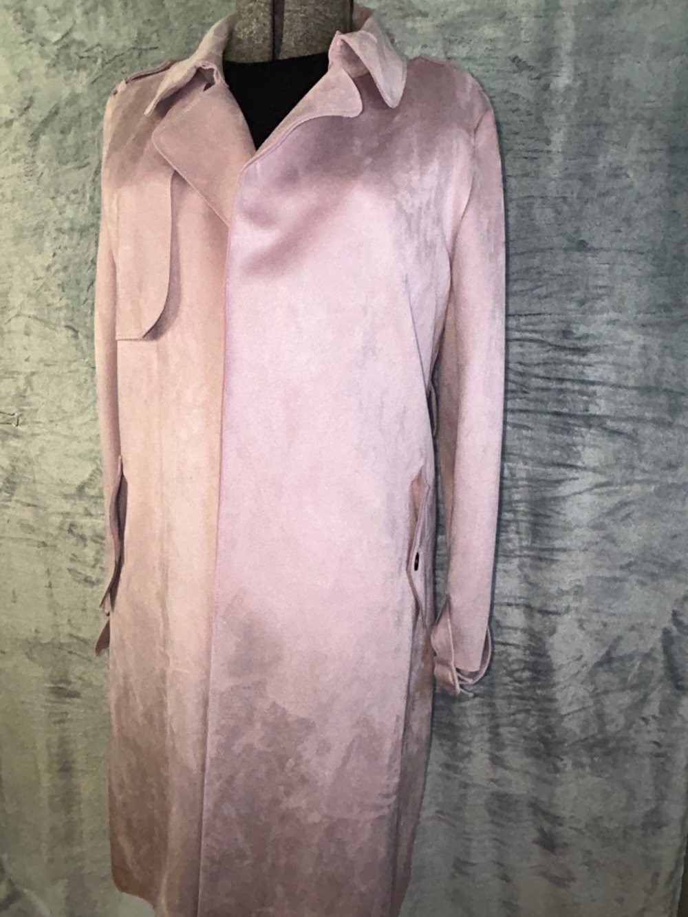 Light pink or rose-colored faux suede trench or duster coat --- Missing Belt